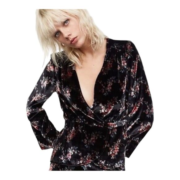 Zara Sheer Floral Tie Waist‎ Velvet Bell Sleeves Wrap Top Women's Size M - Picture 1 of 16